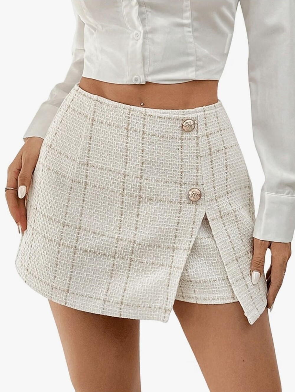 Plaid High Waist Shorts Split Asymmetrical Hem Button Front Work Tweed Skorts